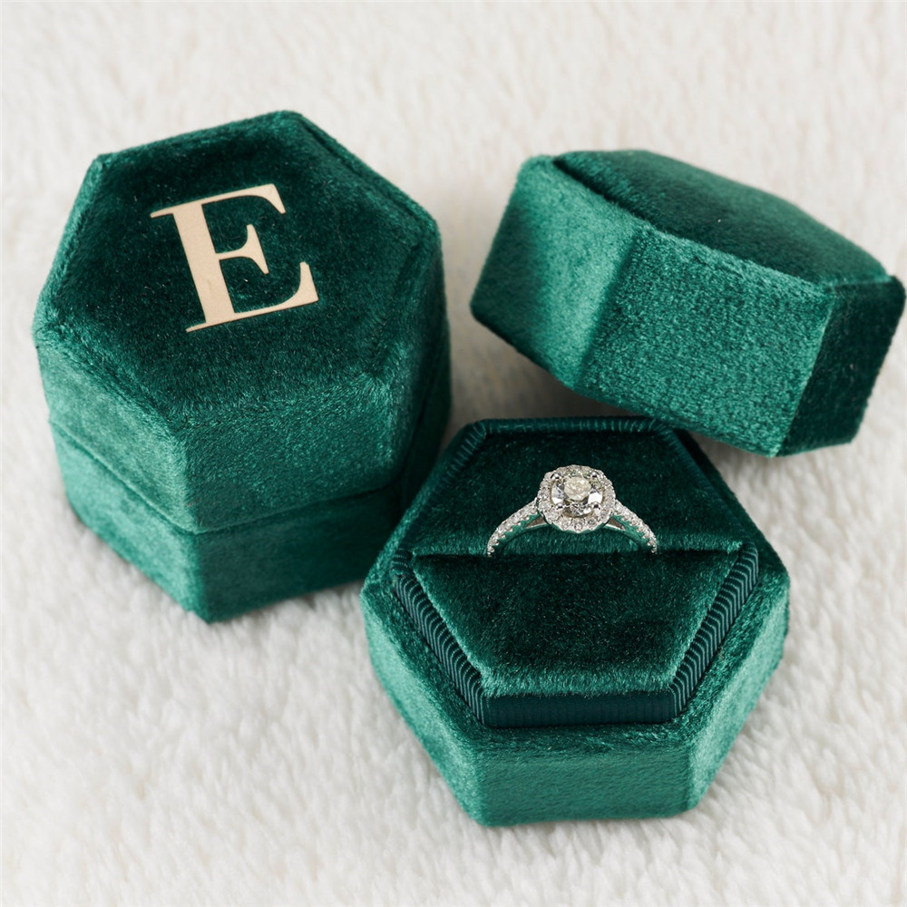 Green Hexagon Velvet Ring Box  - Monogram Custom Case review and price