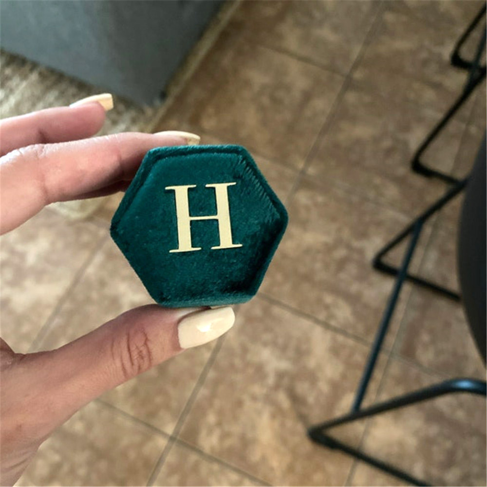 Green Hexagon Velvet Ring Box  - Monogram Custom Case review and price